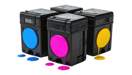 Four black square containers with circular colored panels, leaking blue, pink, & yellow drips on the surface