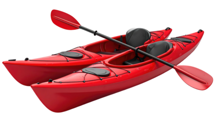 Two shiny red kayaks with paddles, black seatbacks, bungees on top, against a stark black background