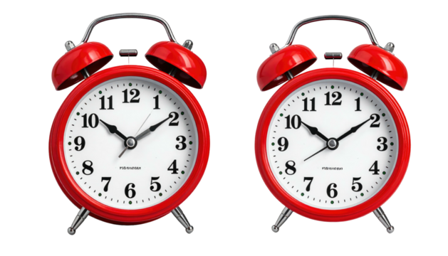 Two red twin-bell alarm clocks show a time around 1010 against a black background