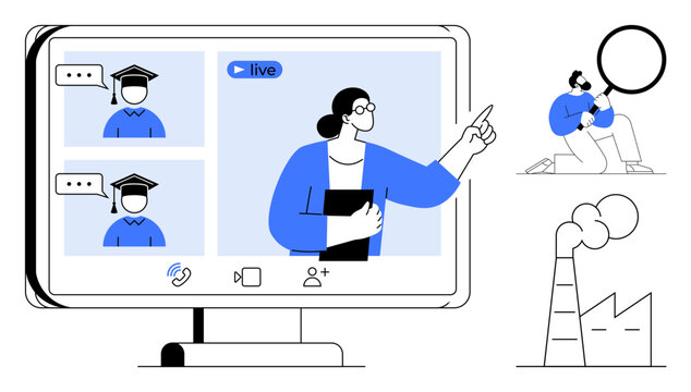 Educator pointing during live virtual lesson with students on video call. Factory emissions and researcher with magnifying glass. Ideal for remote education, environment, sustainability, analysis