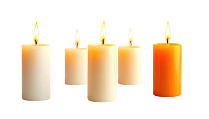 Five glowing candles are lined in a row, emitting warm light against a dark, contrasting background