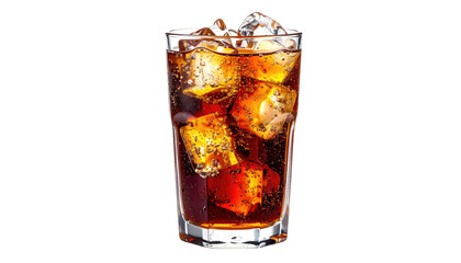 Tall glass of cola drink with ice. Transparent glass, dark liquid with fizzy bubbles, isolated on black backdrop
