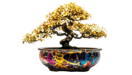 Intricate bonsai tree, golden leaves, graffiti-painted pot. Dark background enhances details. Artistic and unique