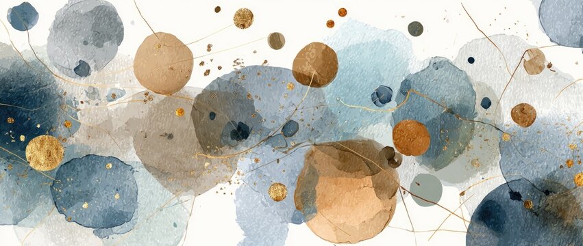 Abstract watercolor art featuring blue, brown, gold, and watercolor spots with delicate lines - Powered by Adobe