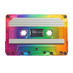Naklejka premium Rainbow-hued cassette tape against black background, showing a transparent case and internal reels and tape