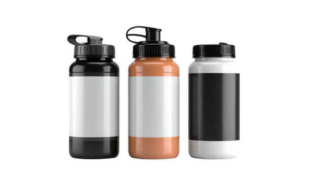 Three bottles with colorful bodies and labels sit against a black background in a studio setting