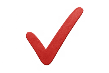 Red check mark symbol on transparent background representing success, approval, validation, and completion