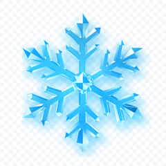 A complex, six-pointed snowflake with crystalline facets in shades of light blue with soft shadow on a transparent background. Transparency only in vector format.