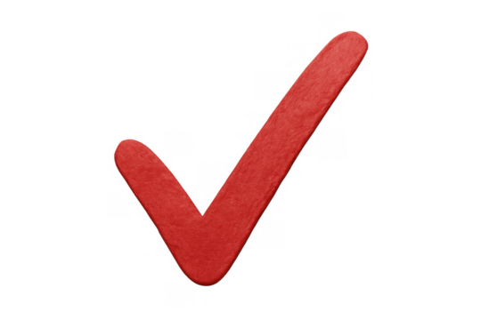 Red check mark symbol on transparent background representing success, approval, validation, and completion