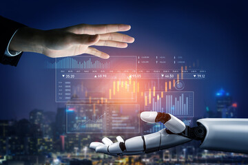 A human hand reaches out to a robotic hand in a modern urban environment, symbolizing innovation in...