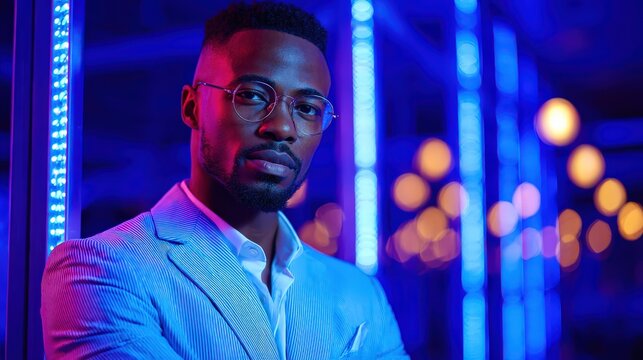 Man with glasses and suit poses in blue neon lights with bokeh.