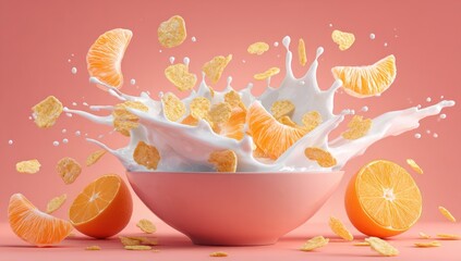 Cereal and orange segments splash into milk in a bowl.