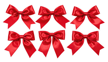 Six satin red bows arranged symmetrically against a black background. Soft, flowing fabric with highlights and shadows