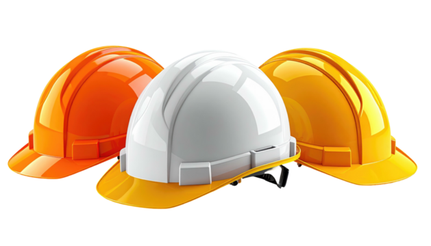 Three hard hats in orange, white, and yellow, arranged in a row, representing safety and construction themes