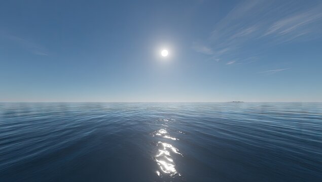 Endless blue ocean under bright sun with distant island and wispy clouds. - Powered by Adobe