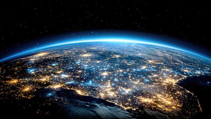 Obraz premium Earth's vibrant night lights glow from space, illuminating continents below.