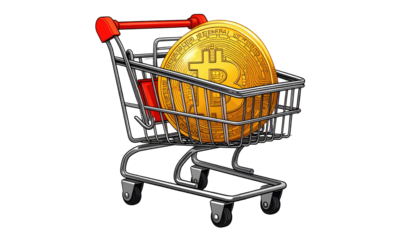 Cartoon shopping cart containing a large, golden coin against a stark black background