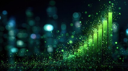 Abstract Green Growing Chart Over Night Cityscape Background