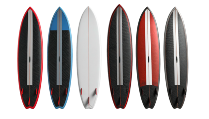A row of surfboards in red, blue, white, maroon, scarlet, and dark gray with black undersides and small red fins