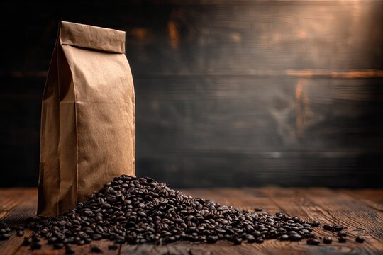 Brown Paper Coffee Bag And Beans On Wooden Table - Powered by Adobe
