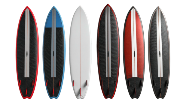 A row of surfboards in red, blue, white, maroon, scarlet, and dark gray with black undersides and small red fins