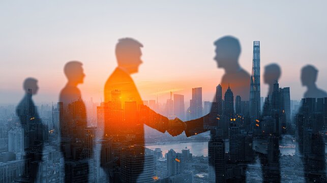 Cityscape Business Handshake Silhouette Sunrise Sunset