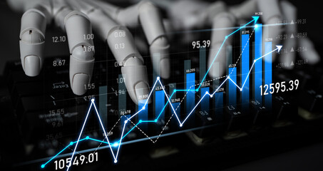 A robotic hand analyzes stock market trends depicted through digital graphs, showcasing growth,...