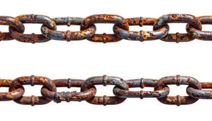 Two rows of oxidized metal chain links against stark black background, revealing texture and corrosion