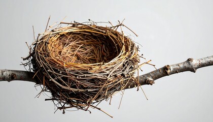 Symbol of hope lost, an empty nest on a branch evokes feelings of longing and absence.