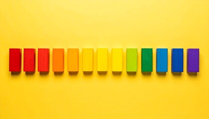 Fototapeta premium Brightly colored blocks form perfect line, symbolizing order and structure on yellow