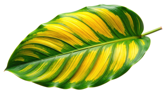Vibrant, isolated leaf with striking yellow & green stripes, showcasing botanical details against a dark background
