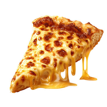 A gooey slice of cheese pizza with melted cheese cascading down, isolated against a black background