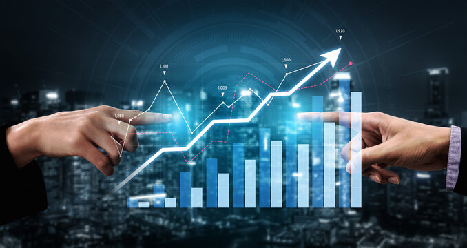 Hands reaching toward a rising business graph illustrate collaboration and financial success against a modern city skyline backdrop, embodying growth and opportunity. Scalp