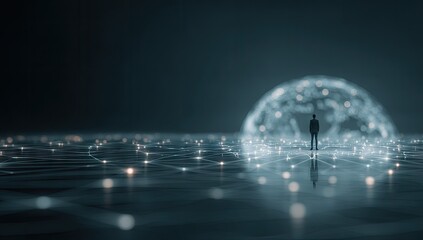 Man stands before a glowing digital sphere on a connected grid.