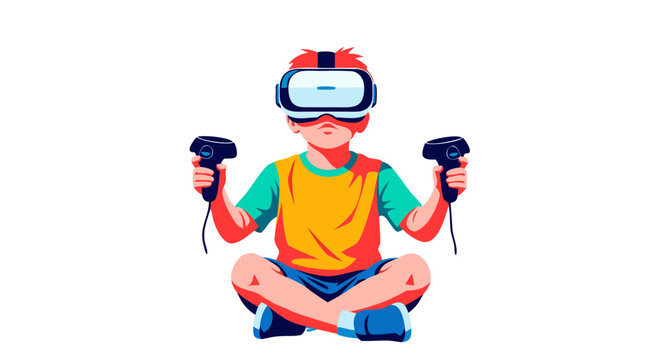 Young boy engrossed in virtual reality, exploring a digital world with immersive headset and controllers for interactive gaming and entertainment experiences