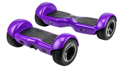 Two shiny purple self-balancing scooters, angled view, showing ribbed black foot pads and tires against a black background