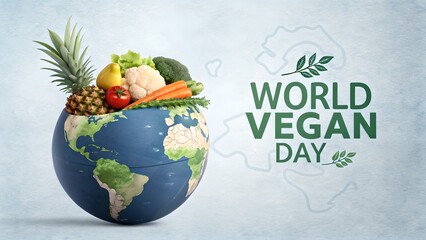 world vegan day good for world, globe with vegetable and food, vegan day celebration