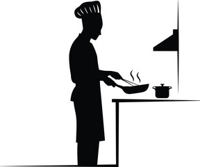 Chef cooking in kitchen silhouette cartoon illustration, symbolic nourishment and expressive culinary service artwork for design and education