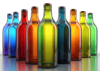 A stunning arrangement of glass bottles in various colors stands proudly on a reflective surface, showcasing their vivid hues. The lighting enhances their beauty, creating a lively ambiance.