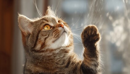 Curious tabby cat looks up, paw raised playfully towards light.