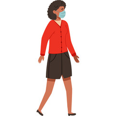 Illustration Of A Woman Wearing A Red Cardigan And Brown Shorts Walking With A Blue Face Mask On White Background