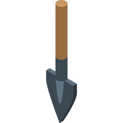 Illustration of a small garden spade tool with a brown wooden handle and grey metal blade isolated on a white background