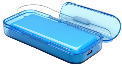Blue rectangular object in a semi-transparent blue case, lid ajar, with cable, on a dark background