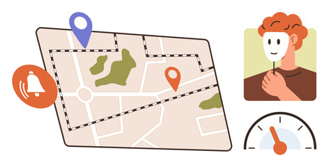 Map marked with location pins and green parks, red notification bell, character holding mask, speedometer symbol. Ideal for navigation, identity, notifications, safety, direction privacy progress