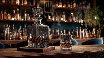 Crystal decanter and glass filled with amber liquid on bar counter.