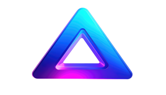 Glossy triangle with neon gradient blue on top, pink on bottom, against a black background, creating a futuristic effect