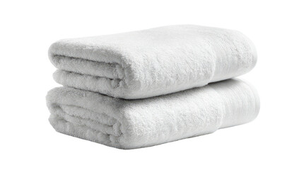 Two fluffy, white, terrycloth towels are neatly stacked on top of each other against a stark black background