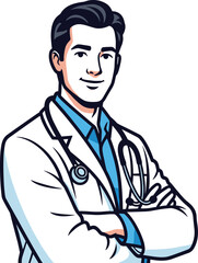 Doctor with stethoscope cartoon illustration, symbolic professionalism and expressive healthcare character artwork for design and education