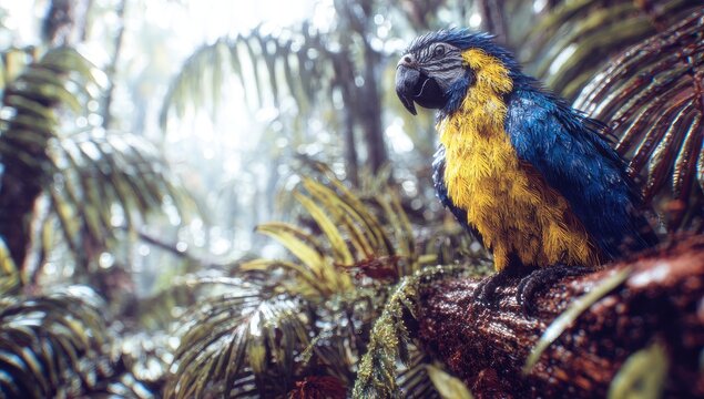 Blue and yellow parrot rests on a mossy branch in a lush, rainy jungle.