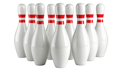 Tightly packed cluster of ten white bowling pins with red stripes, set against a stark black backdrop with strong lighting